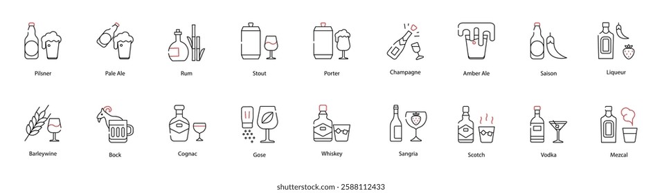 Vector Icons Set - Pilsner, Pale Ale, Rum, Stout, Porter, Champagne, Amber Ale, Saison, Liqueur, Barleywine, Bock, Cognac, Gose, Whiskey, Sangria, Scotch, Vodka, Mezcal