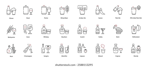 Vector Icons Set - Pilsner, Stout, Porter, Wheat Beer, Amber Ale, Saison, Pale Ale, IPA (India Pale Ale), Barleywine, Gose, Whiskey, Bourbon, Scotch, Vodka, Bock, Hefeweizen, Rum, Champagne, Sangria, 