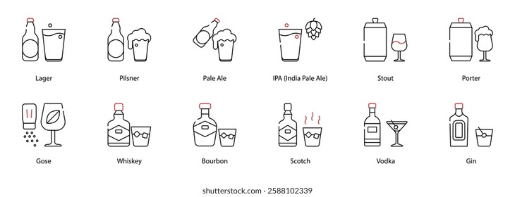 Vector Icons Set - Pilsner, Whiskey, Pale Ale, IPA (India Pale Ale), Stout, Porte