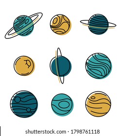 Vector icons set of planets. Vector line icons colorful design elements
