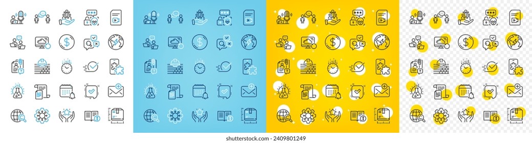 Vector icons set of Podcast, Inspect and International copyright line icons pack for web with Cyber attack, Chemistry lab, Phone puzzle outline icon. Build, Inclusion, Video file pictogram. Vector