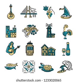 Vector icons set of Portugal symbols. Flat style design. Travel concept.