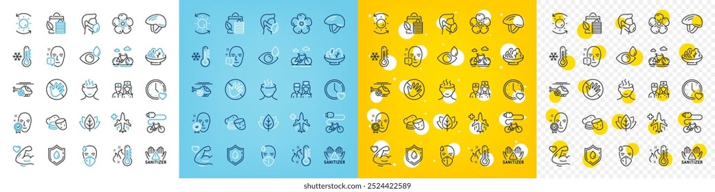 Conjunto de iconos vectoriales de papa, termómetro alto y línea de hombre enfermo para el Web con protección solar, bicicleta, icono de contorno de donación de sangre. Vuelo médico, orgánico probado. Vector
