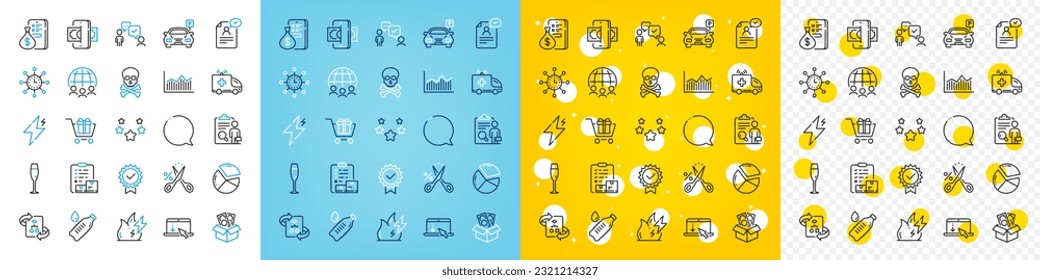 Iconos vectoriales de Power, Fire Energy y los iconos de la línea de vidrio de Champagne para la web con dinero, Riesgo químico, Icono de esquema de negocio global. Inspeccionar, Estrellas, Pictograma del coche de ambulancia. Vector
