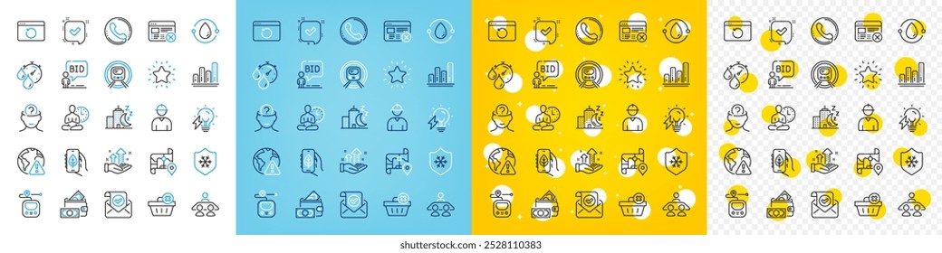 Ícones de vetor conjunto de Psicologia, metrô Metro e linha de leilão ícones pacote para web com gráfico gráfico, carteira de dinheiro, ícone do contorno da cidade noturna. Confirmado, lâmpada elétrica, pictograma web rejeitar. Vetor