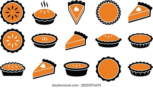 Vector icons set of pumpkin pie slices with whipped cream, top view pies, and steaming baked desserts for Thanksgiving and fall.