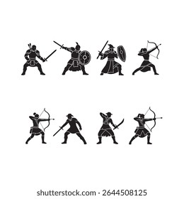 conjunto de ícones vetoriais de R P G Jogo Preto Silhuetas Guerreiros Arqueiros Espadas Arcos Escudos