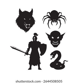 conjunto de ícones vetoriais de R P G Jogo Preto Silhuetas Cavaleiro Lobo Aranha Duende Cobra