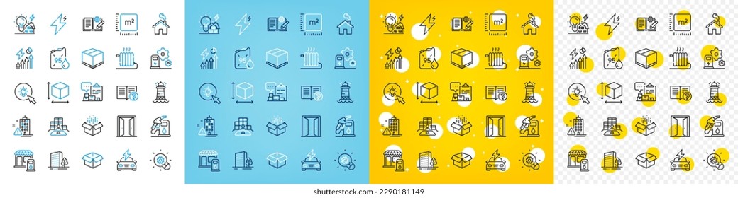 Iconos vectores conjunto de Radiador, Tamaño de caja e iconos de línea de estación de gasolina para web con contador cuadrado, Cuadro abierto, Icono de contorno de innovación. Hogar, carga de coches, pictograma de faro. Vector