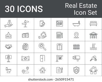 Vector Icons Set for Real Estate Services. Real Estate Icons. depicting various aspects of real estate,
including houses, money, contracts, location, and amenities. Outline Icons