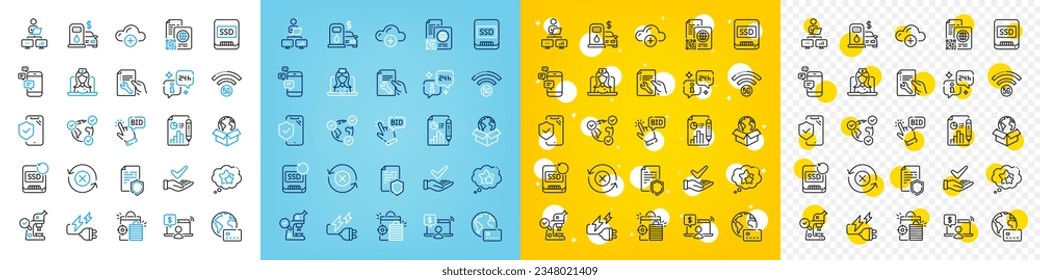 Vector icons set of Recovery ssd, Seo shopping and Filling station line icons pack for web with Internet pay, Dermatologically tested, Communication outline icon. Online voting. Vector