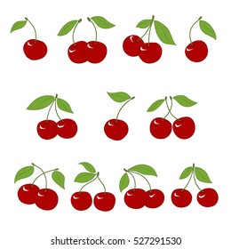 vector icons set of red cherries, isolated on white background