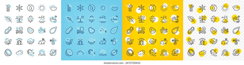 Vector icons set of Refill water, Rainbow and Water glass line icons pack for web with Vegetables, Animal tested, Snowflake outline icon. Thermometer, Salad, Sunny weather pictogram. Vector