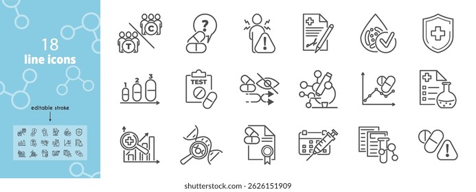 Conjunto de ícones vetoriais relacionados com a avaliação médica. Representa os processos de estudo, pesquisa, teste e clínica. Grupo controle, placebo, ilustração de consentimento informado. Projetado para uso educacional ou clínico.