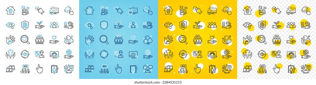 Vector icons set of Repairman, Fingerprint access and Online auction line icons pack for web with Outsource work, Conjunctivitis eye, Lgbt outline icon. Feminism, Eye target. Vector