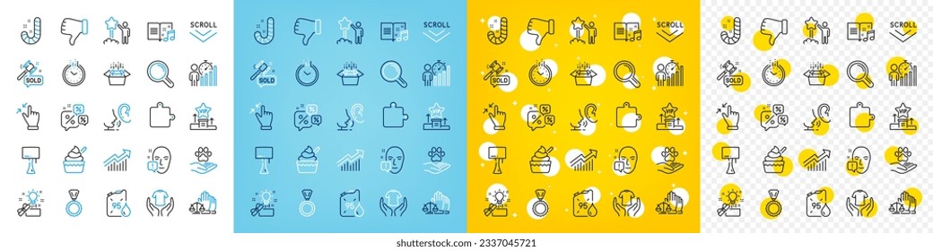 Vector icons set of Research, Creative idea and Puzzle line icons pack for web with Hold t-shirt, Pets care, Auction hammer outline icon. Business statistics, Face attention. Vector