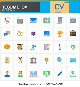 Vector icons set for Resume or CV. Modern solid symbol collection, filled colorful pictogram pack isolated on white, logo illustration