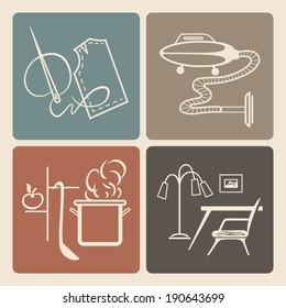 Vector icons set of retro household duties, appliances and furniture
