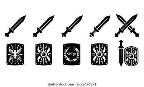 Vector icons set of Roman gladius swords and shields. Illustrations feature classic gladius short swords and various scutum shields with imperial emblems like SPQR and eagle insignias. Excellent for historical, educational, or thematic designs.