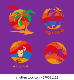 vector icons set round with a palm tree, beach, cocktail, sea. It can be used as a logo or banner for a cafe.