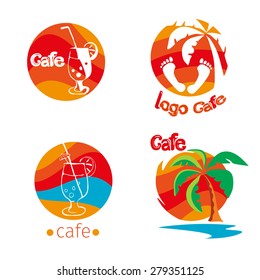 vector icons set round with a palm tree, beach, cocktail, sea. It can be used as a logo or banner for a cafe.