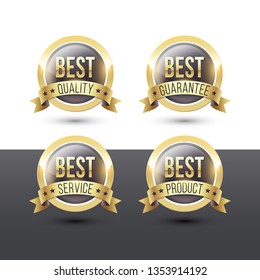 Vector icons set of round quality labels with metallic gold border and ribbon banner. Best quality. Best guarantee. Best service. Best product.