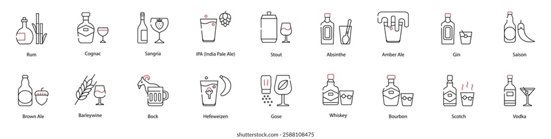 Vector Icons Set - Rum, Cognac, Sangria, IPA (India Pale Ale), Stout, Absinthe, Amber Ale, Gin, Saison, Brown Ale, Barleywine, Bock, Hefeweizen, Gose, Whiskey, Bourbon, Scotch, Vodka