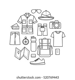 Vector icons set of safari planning, tourism and journey objects and passenger luggage. Greeting card or t-shirt print, poster design.