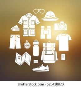 Vector icons set of safari planning on blurred background. Planning a summer vacation, tourism and journey objects and passenger luggage. Greeting card or t-shirt print, poster design.