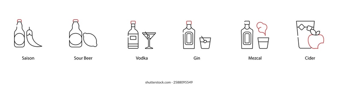 Vector Icons Set - Saison, Sour Beer, Vodka, Gin, Mezcal, Cider