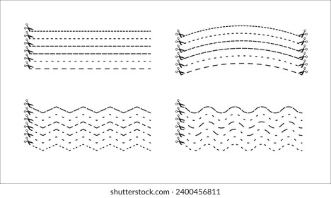 Vector icons set with scissors and cut lines. Various dashed line borders for cutting coupons, discount sections