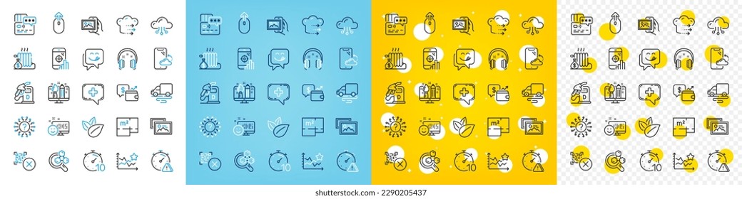 Vector icons set of Seo phone, Card and Headphones line icons pack for web with Qr code, Chemistry lab, Swipe up outline icon. Radiator, Delivery route, Question mark pictogram. Vector