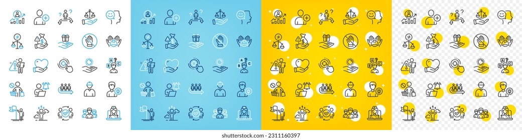 Iconos vectoriales del conjunto de iconos de la línea de protección Seo, Corrupt y Sun para web con el icono Agregar usuario, Idea de persona, Esquema de escala de Justicia. Telemedicina, deja de comprar. Vector
