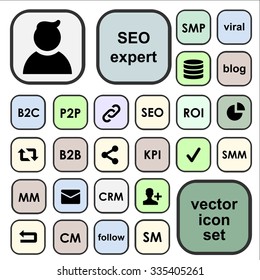 Vector icons set for SEO terms, abbreviations, definitions. SEO expert profile