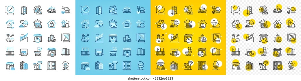 Vector icons set of Shield, Entrance and Buildings line icons pack for web with Open door, Painter, Circle area outline icon. Inspect, Lock, Market sale pictogram. Build, Home grill, Stairs. Vector