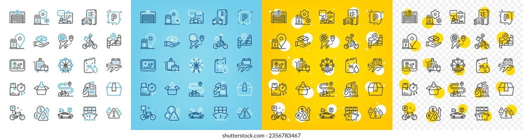 Juego de iconos vectoriales de envío, Seleccionar vuelo y de línea de venta de vuelos paquete para web con estación de gasolina, ruta de bicicleta, icono de contorno de mapa. Informe de inventario, Bicicleta, Pictograma de carrito de equipaje. Vector