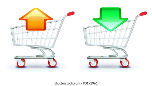 Vector icons set of shopping carts containing in and out arrows