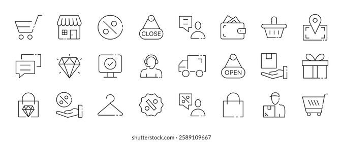 Vector icons set for shopping, communication, and logistics.