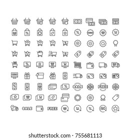 Vector icons set shopping, purchase, sale, discounts, delivery of goods and services on white background