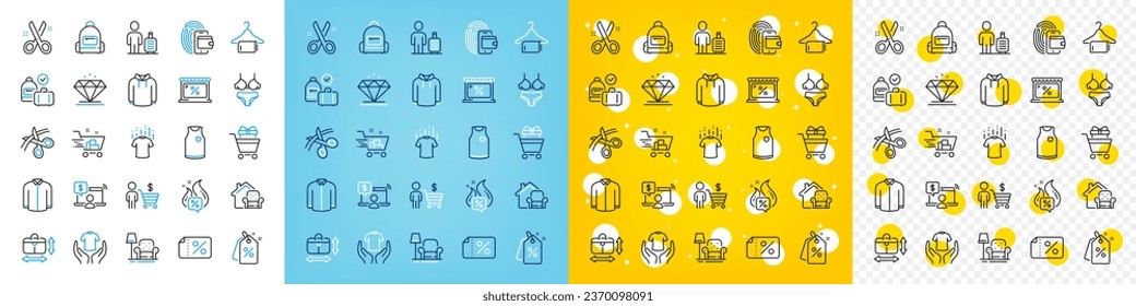 Iconos vectoriales del juego de carrito de compras, tamaño del bolso de mano e iconos de línea de diamante para la web con el icono Cartera, Camisa, Esquema de corte. Sujete camiseta, equipaje de mano, pictograma del comprador. Hoody. Vector
