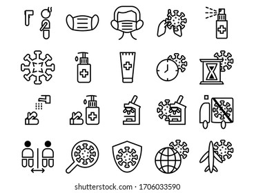 Vector icons set of simple outline icon coronavirus.Consists of the following icons such as disease,temperature,mask,wash hands and protection guidelines on white backdround.