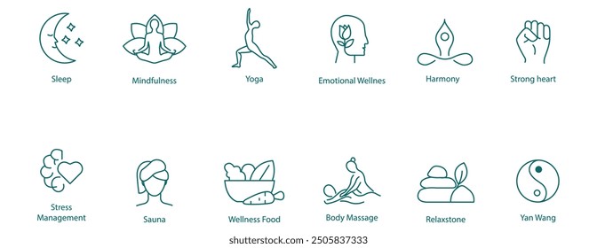 Vektorsymbolsatz: Schlaf, Achtsamkeit, Yoga, emotionales Wohlbefinden, psychische Gesundheit, Meditation, Starkes Herz, Stressmanagement, Sauna, Wellness Essen, Körpermassage, Relax Stone, Yang Wang