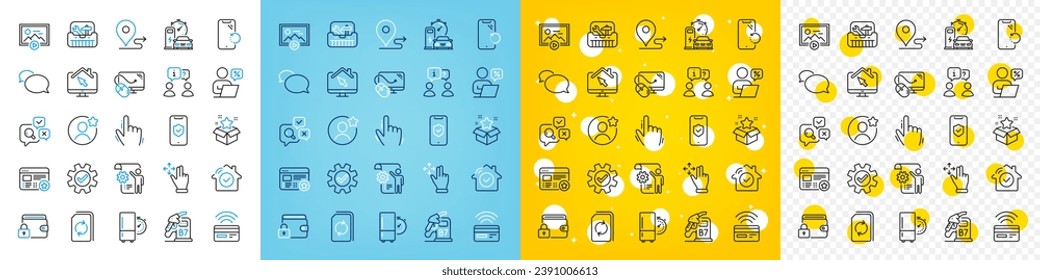 Vector icons set of Smartphone recovery, Computer mouse and Favorite line icons pack for web with Loyalty program, Lock, Settings blueprint outline icon. Phone protection, Service. Vector