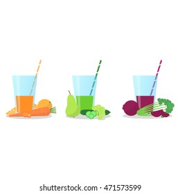 Vector icons set of smoothies with carrot and orange, pineapple,cucumber, kiwi and grapes, beetroot and greenery flavours. Wellness and healthy lifestyle. 