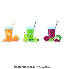 Vector icons set of smoothies with carrot and orange, pineapple,cucumber, kiwi and grapes, beetroot and greenery flavours. Wellness and healthy lifestyle. 