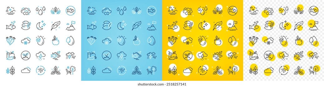 Vector icons set of Snow weather, Sea mountains and Cloudy weather line icons pack for web with Moon, Water drop, Fish school outline icon. Mountain flag, Gluten free, Pillow pictogram. Vector