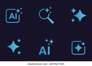 Vector icons set with sparkles, featuring AI, magnifying glass, representing creativity and technology. Magnifying glass with stars sparkle icons. Artificial intelligence ai search icon. AI generated buttons set. Search artificial intelligence.
