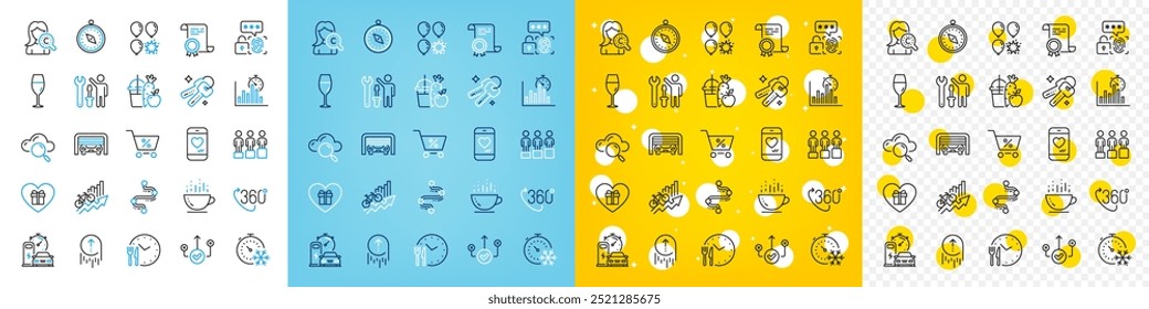 Vector icons set of Special offer, Cloud computing and Romantic gift line icons pack for web with Freezing timer, Travel compass, Love chat outline icon. Biometric security, Keys. Vector