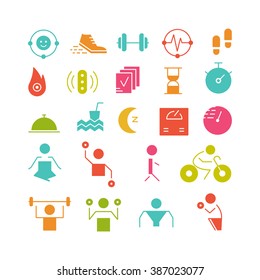 Vector  icons set - sport, yoga, fitness and health made in simple flat style isolated on white background.