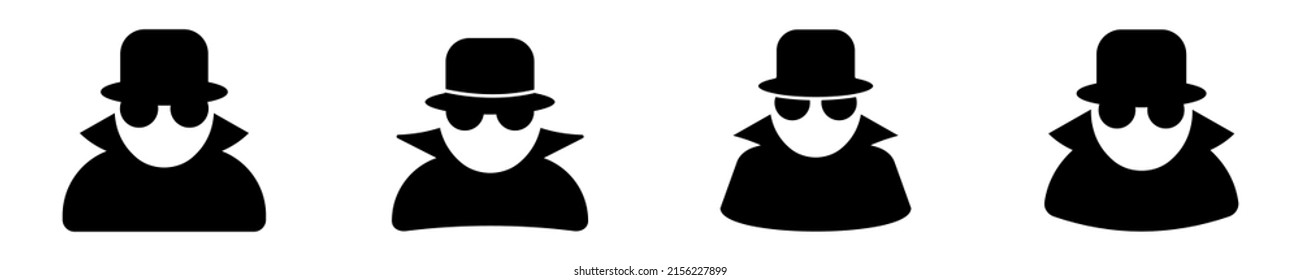 Vector icons set with spy, agent, detective, hacker, mafia, inspector. Anonymous mobster with glasses and hat. Black silhouette.